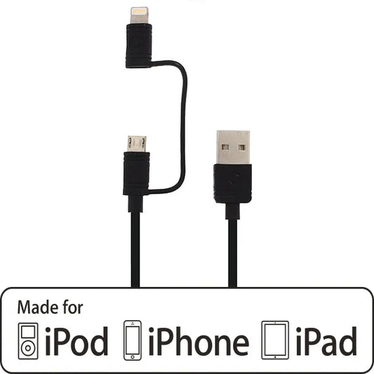 Câble Mobilize 2-en-1 USB vers Apple MFi Lightning ou Micro USB 1,5 m. Noir