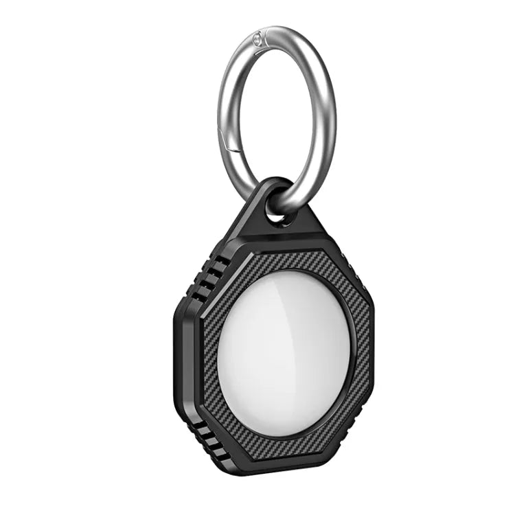 Achthoekig anti-kras schokbestendig koolstofvezel-TPU hoesje met sleutelhanger-ringlus voor AirTag (zwart)