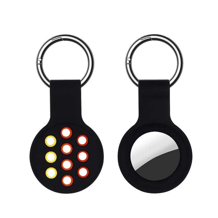 Boîtier de protection en silicone antichoc bicolore avec crochet de suspension pour AirTag (Noir Jaune Rouge)