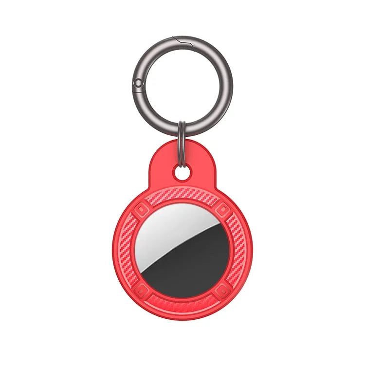 Rond koolstofvezel-hoesje met metalen sleutelhangerring voor Apple AirTag (rood)
