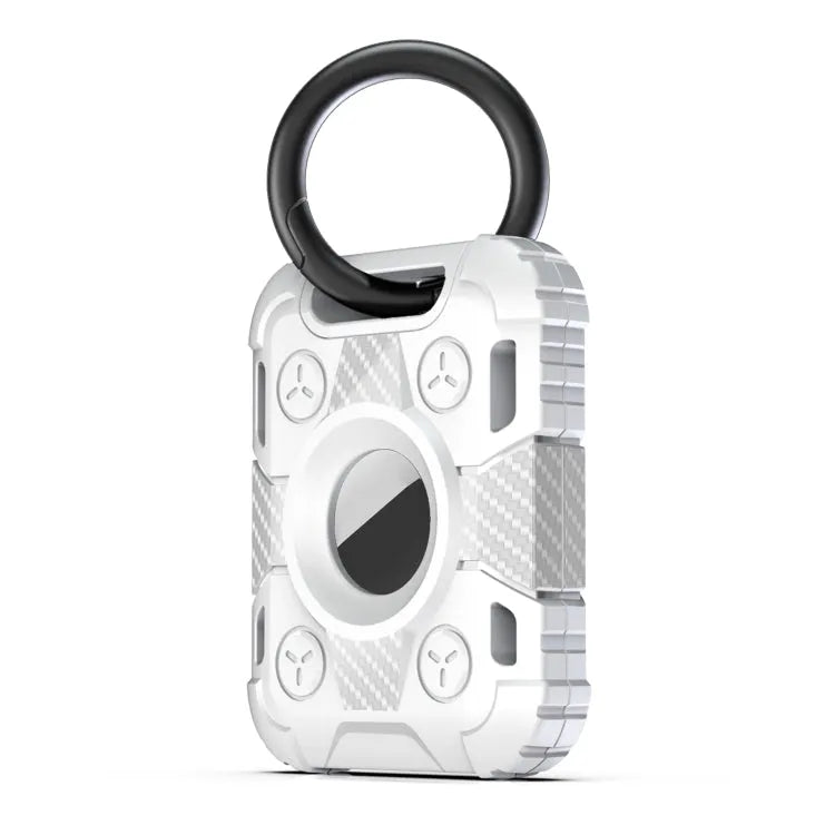 Tank Armor schokbestendig koolstofvezel-TPU beschermhoesje met sleutelhangerring voor Apple AirTag (wit)