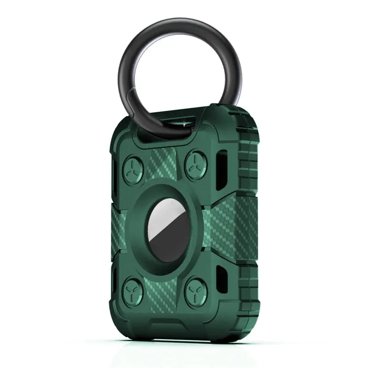 Tank Armor schokbestendig koolstofvezel-TPU beschermhoesje met sleutelhangerring voor Apple AirTag (diepgroen)