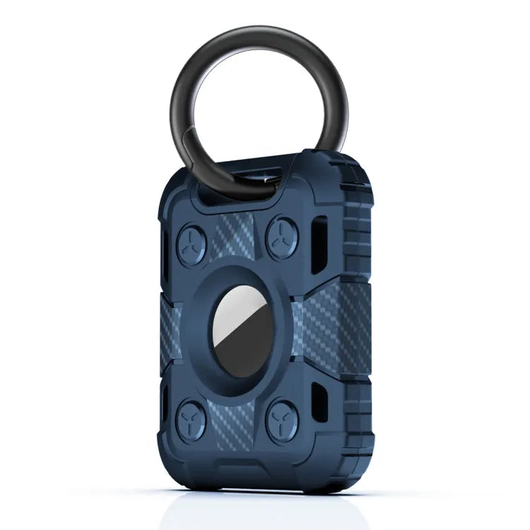 Tank Armor schokbestendig koolstofvezel-TPU beschermhoesje met sleutelhangerring voor Apple AirTag (donkerblauw)
