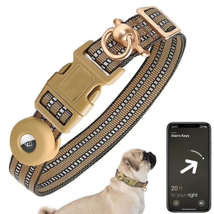 Reflecterende nylon huisdierhalsband met siliconen AirTag-houder - maat L (militair groen)