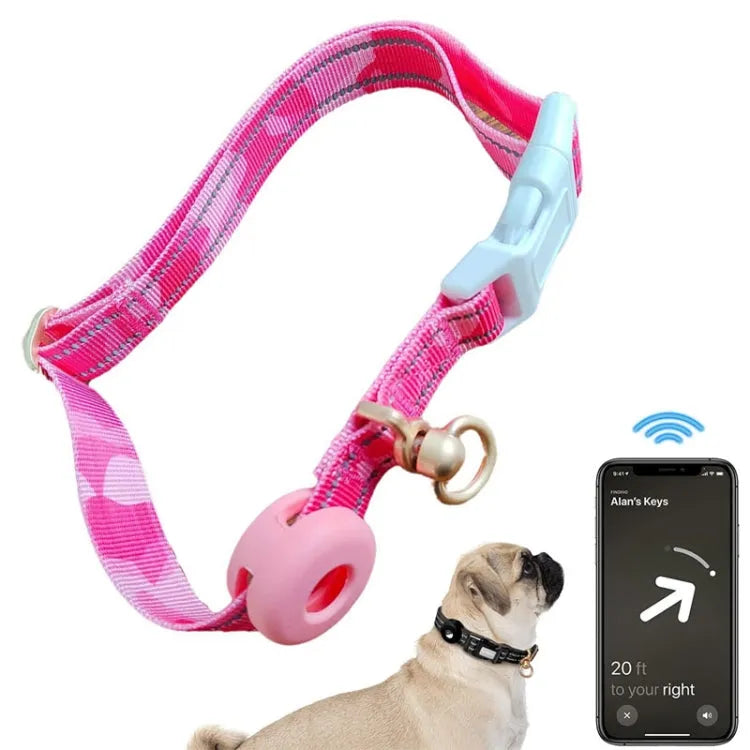 Apple AirTag siliconen hoes met nylon reflecterende anti-wirwar huisdierhalsband, maat L (roze)