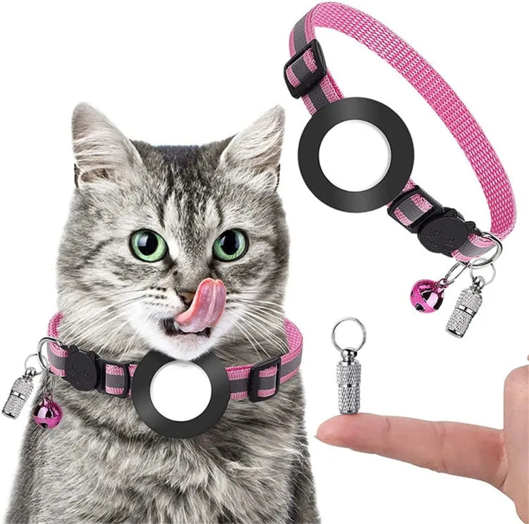 Huisdierhalsband met bel en AirTag-houder reflecterend voor Apple AirTag (roze)