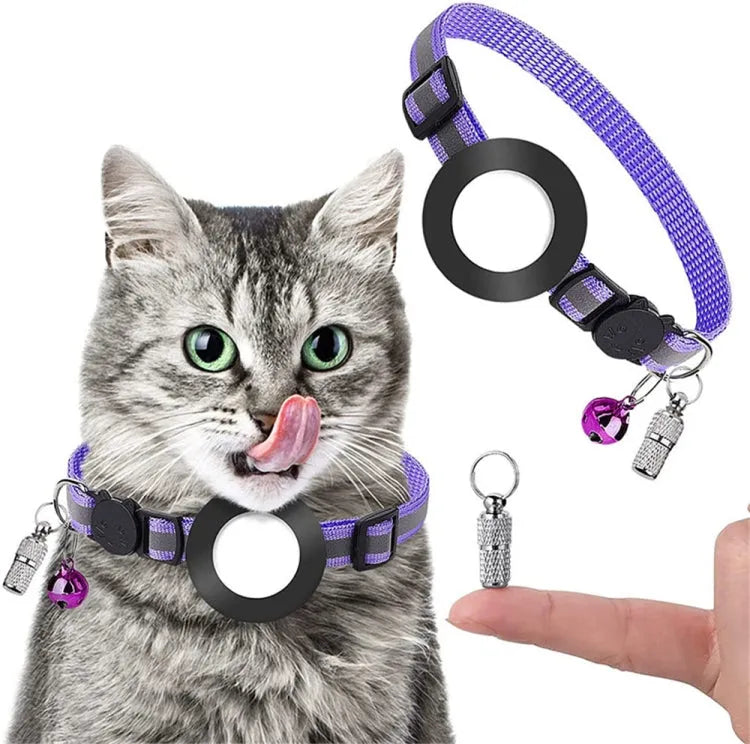Huisdierhalsband met bel en AirTag-houder reflecterend voor Apple AirTag (paars)