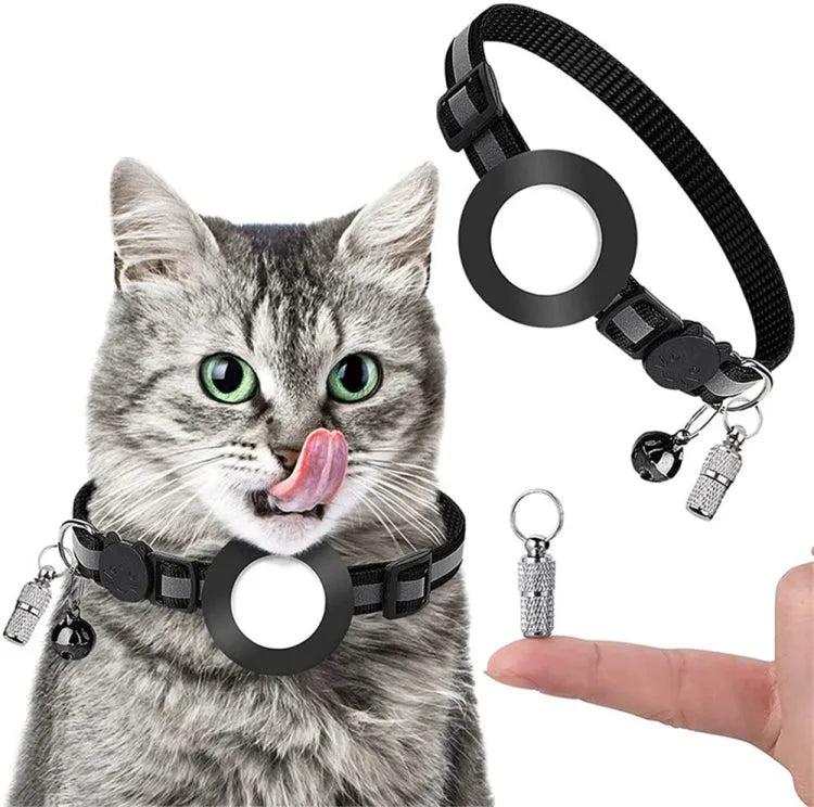 Huisdierhalsband met bel en AirTag-houder reflecterend voor Apple AirTag (zwart)
