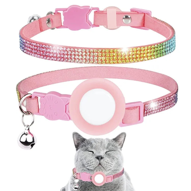 Strass huisdierhalsband met bel voor Apple AirTag (diamantroze)