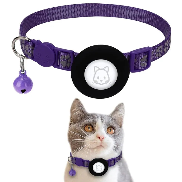 Reflecterende huisdierhalsband met bel en AirTag-houder (paars)