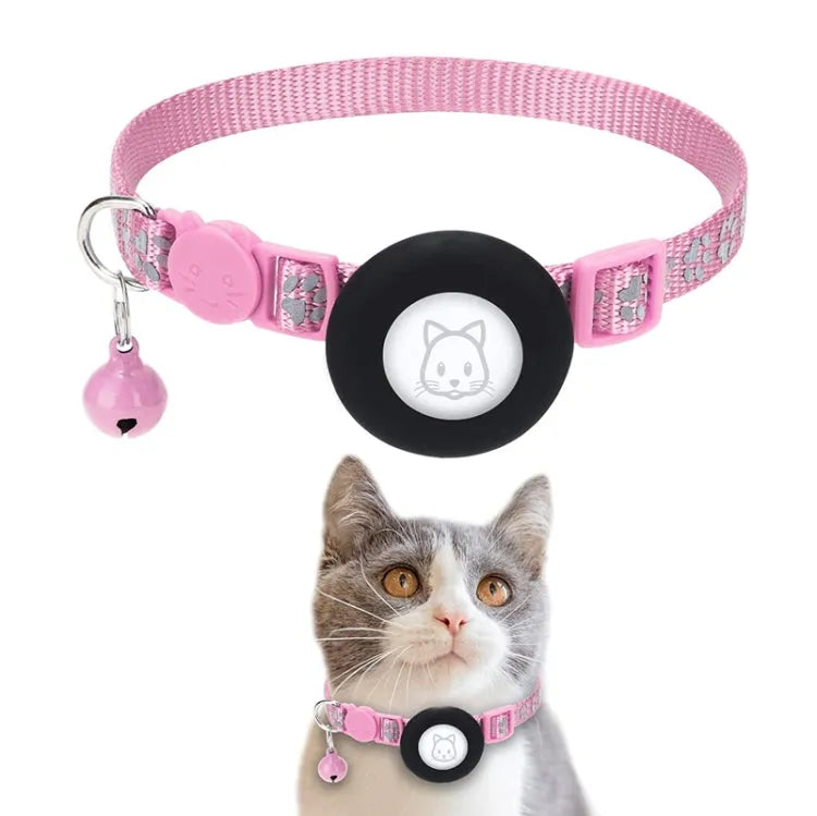 Reflecterende huisdierhalsband met bel en AirTag-houder (roze)