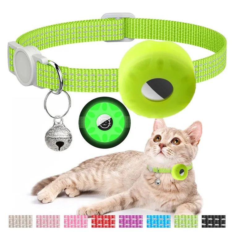 Reflecterende huisdierhalsband met houder en belletje voor Apple AirTag (lichtgevend geel)