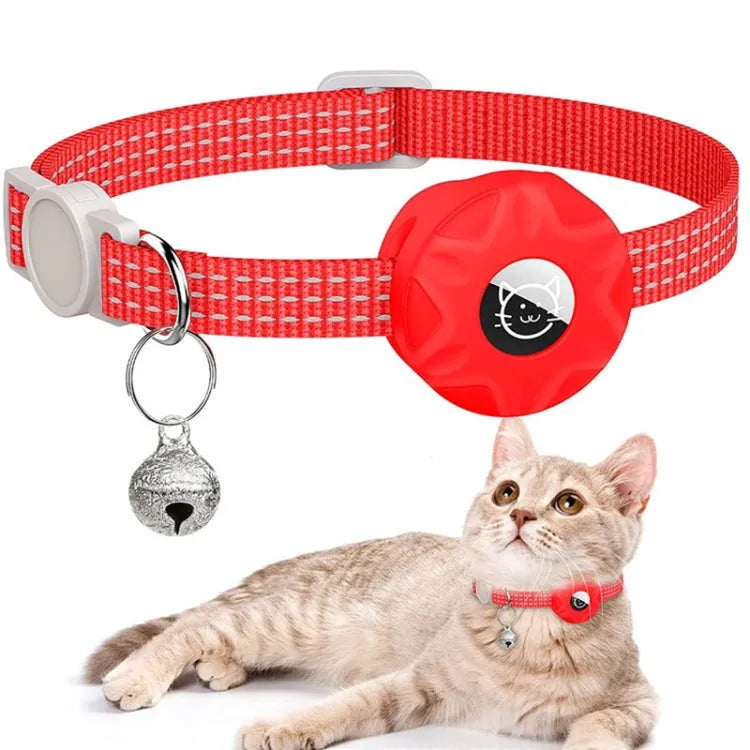 Für AirTag Tracker Silikonhülle Reflektierendes Haustierhalsband mit Glocke (Rot)