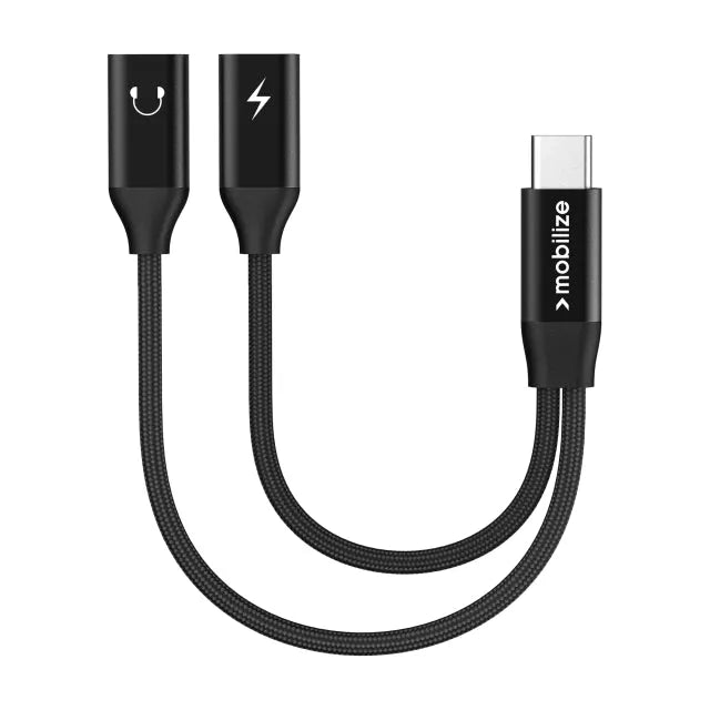 Mobilize Starker Nylon USB-C Splitter für Audio und Laden 15cm Schwarz