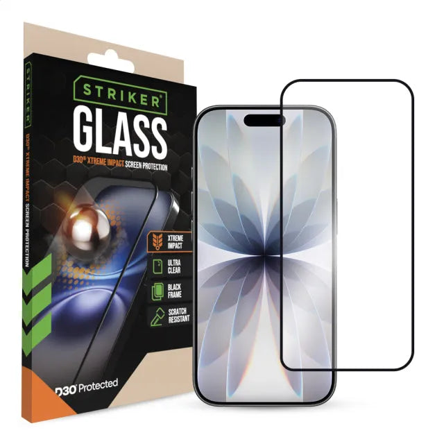 Striker D3O Xtreme Impact Glass Screen Protector - Black Frame - Apple iPhone 16 Pro/17/17 Pro/18 Pro