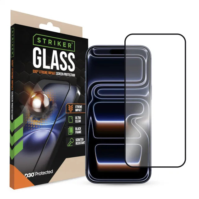 Striker D3O Xtreme Impact Glas Displayschutzfolie – schwarzer Rahmen – Apple iPhone 16 Pro Max/17 Pro Max