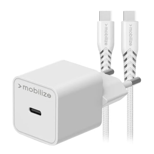 Mobilize Wandladegerät USB-C GaN 30W mit PD/PPS + USB-C Nylonkabel 1.2m Weiß