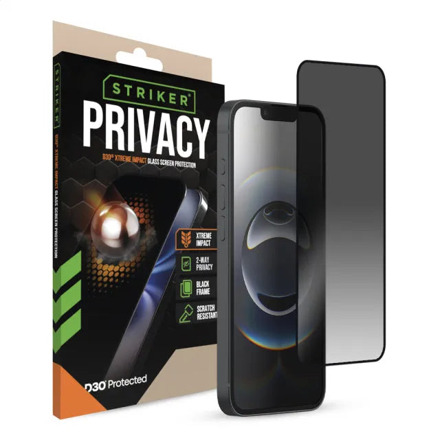 Striker D3O Xtreme Impact Privacy Glass Displayschutzfolie – schwarzer Rahmen – Apple iPhone 13/13 Pro/14/16e