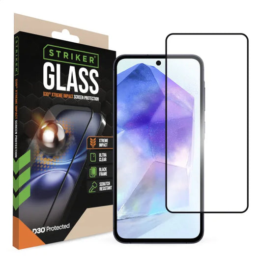 Striker D3O Xtreme Impact Glass Screen Protector - Black Frame - Samsung Galaxy A35 5G/A36 5G/A55 5G/A56 5G/S24 FE 5G