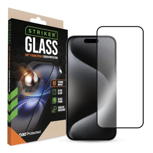 Striker D3O Xtreme Impact Glass Screen Protector - Black Frame - Apple iPhone 15 Pro