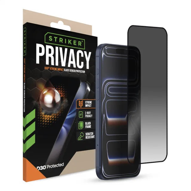 Striker D3O Xtreme Impact Privacy Glass Screen Protector - Black Frame - Apple iPhone 16 Pro Max/17 Pro Max