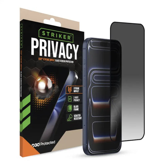Striker D3O Xtreme Impact Privacy Glass Screen Protector - Black Frame - Apple iPhone 16 Pro Max/17 Pro Max