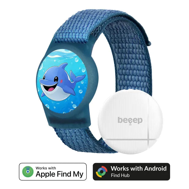 Beeep OneTag Apple Find My & Android Tracker - Kinderarmband Klettverschluss Delfin