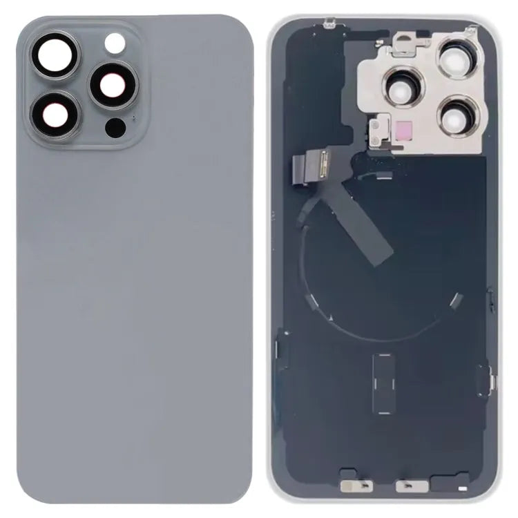 Glazen batterij-achterkant met flitsbeugel en draadloze oplaadmodule voor iPhone 15 Pro Max (titaniumgrijs)