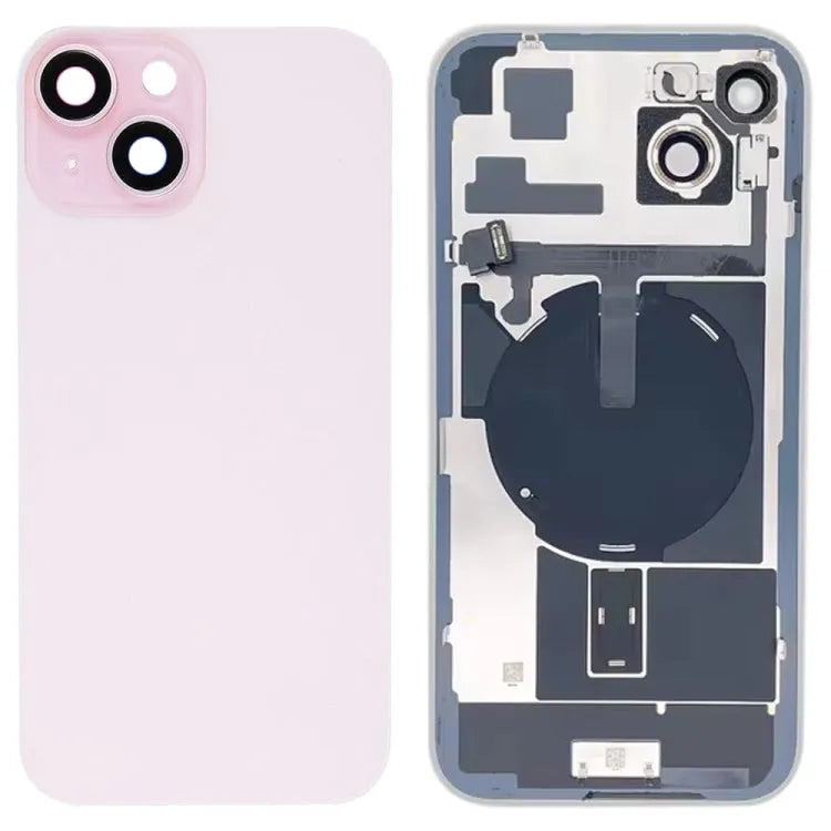 Glazen batterij-achterkant met flitsbeugel en draadloze oplaadmodule voor iPhone 15 Plus (roze)