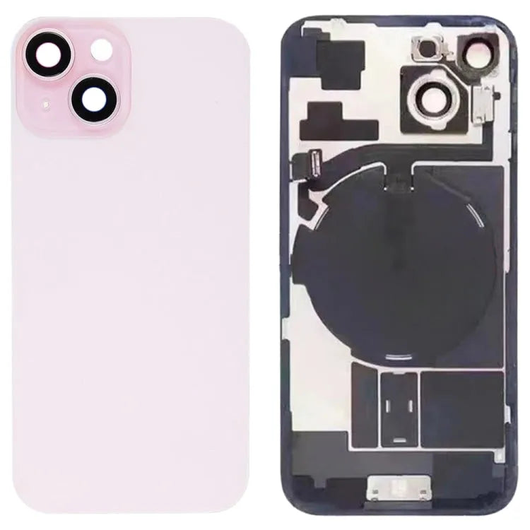 Glazen batterij-achtercover met flitsbeugel en draadloze oplaadmodule iPhone 15 (roze)