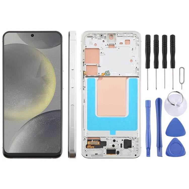 Complete digitizer-unit met frame Samsung Galaxy S24 5G SM-S921B TFT LCD-scherm, zonder vingerafdrukherkenning (zilver)