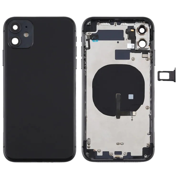 Achterklep compleet met zijtoetsen, kaartlade en draadloze laadmodule voor iPhone 11 (zwart)