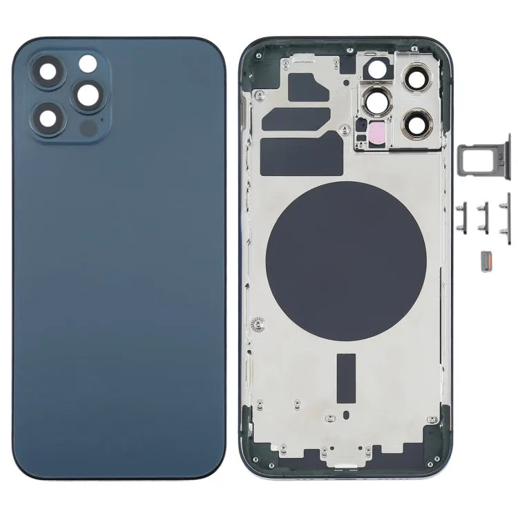 Achterkant-behuizing met simhouder, zijkleppen en cameralens voor iPhone 12 Pro (blauw)
