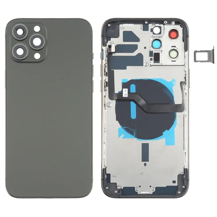 Batterij-achterkant met zijknoppen, simlade, power- en volume-flexkabel en draadloze laadmodule voor iPhone 12 Pro Max (zwart)