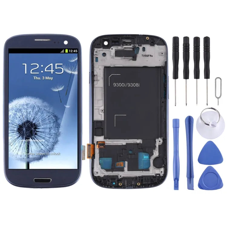Originele Super AMOLED LCD met digitizer en frame voor Samsung Galaxy SIII i9300 (blauw)
