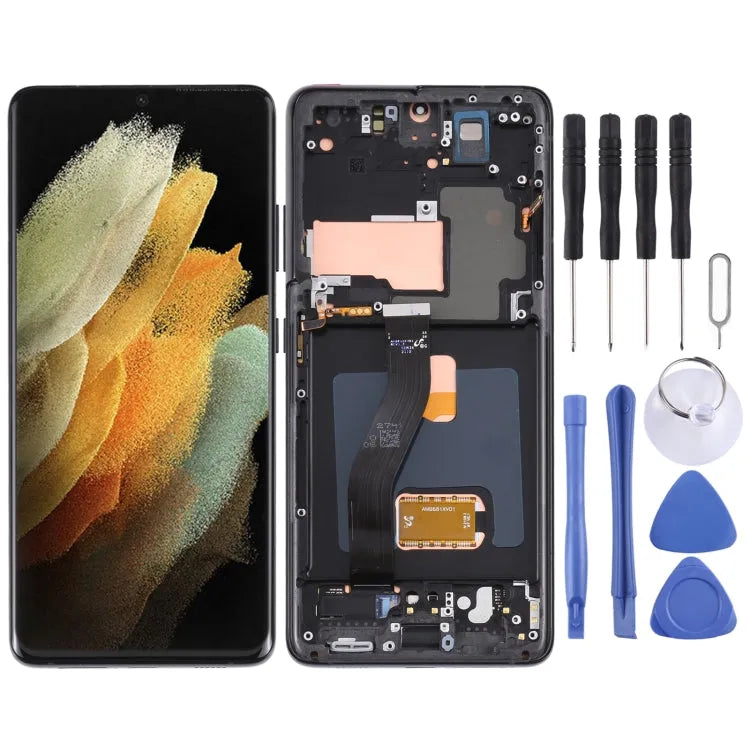 Originele Super AMOLED-scherm met digitizer en frame voor Samsung Galaxy S21 Ultra 5G SM-G998B (zwart)
