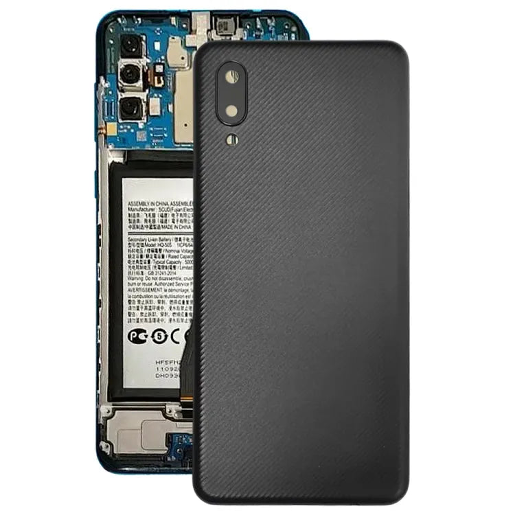 Batterijachterklep met cameralensframe voor Samsung Galaxy A02 (zwart)