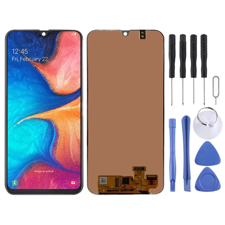 Origineel Super AMOLED-schermdigitizer volledige montage voor Samsung Galaxy A20 SM-A205 (zwart)