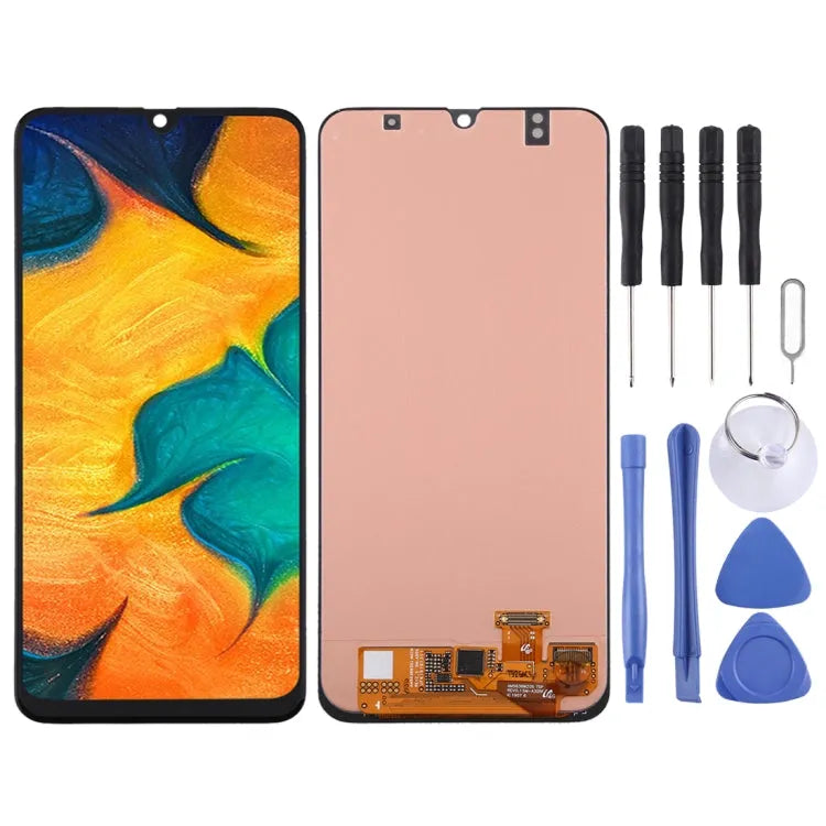 Origineel Super AMOLED LCD-schermdigitizer volledige montage voor Samsung Galaxy A30 SM-A305 (zwart)