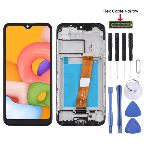 OEM LCD-schermdigitizer volledige montage met frame in zwart voor Samsung Galaxy A01 (smalle flex)