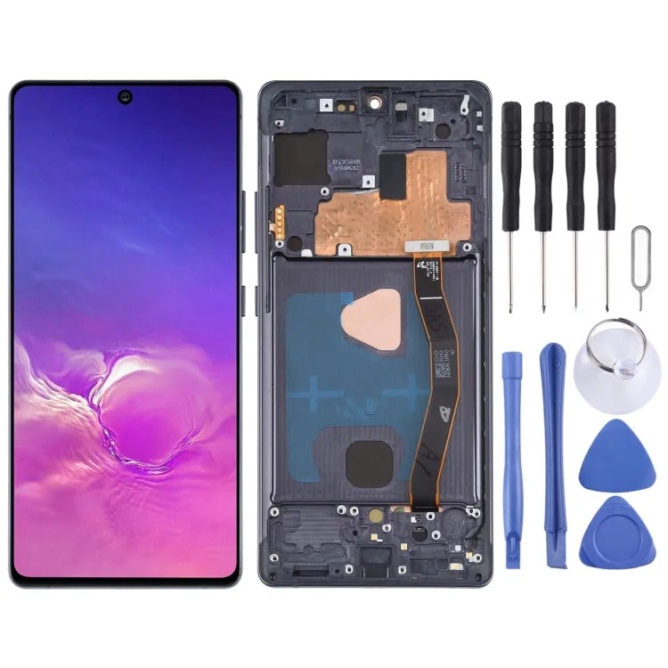 Origineel Super AMOLED-materiaal LCD-scherm en Digitizer Volledige montage met frame voor Galaxy S10 Lite (zwart)