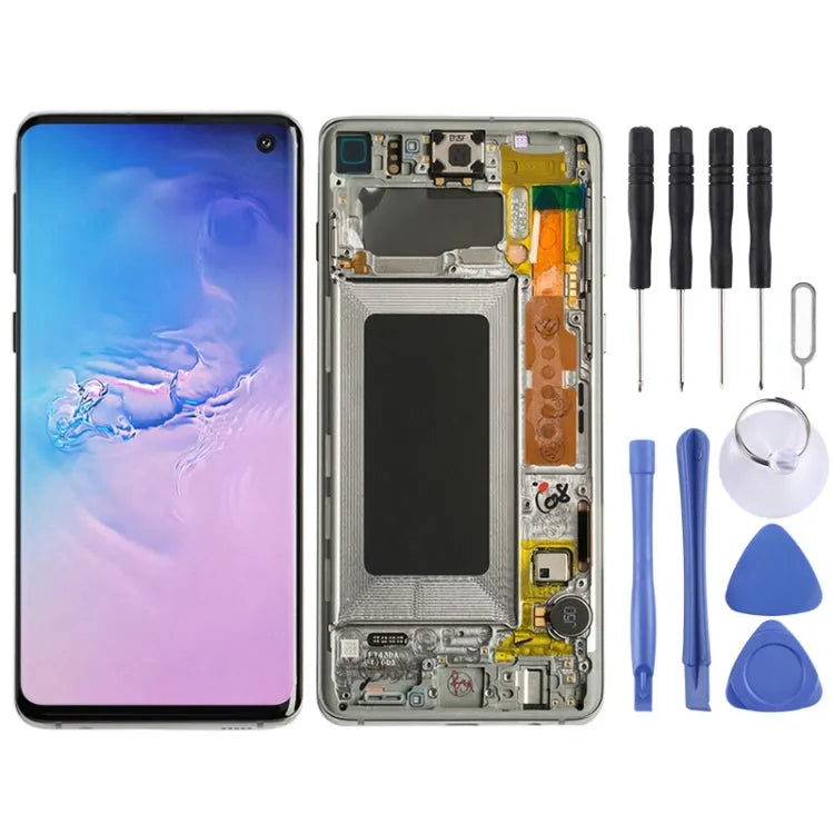 Origineel Super AMOLED LCD-scherm voor Galaxy S10 4G Digitizer Volledige montage met frame (wit)