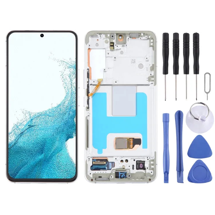 Origineel LCD-scherm met digitizer en frame voor Samsung Galaxy S22 5G SM-S901B EU-versie (wit).