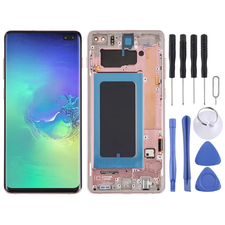 Origineel Super AMOLED LCD-scherm voor Samsung Galaxy S10+ Digitizer Volledige montage met frame (roze)