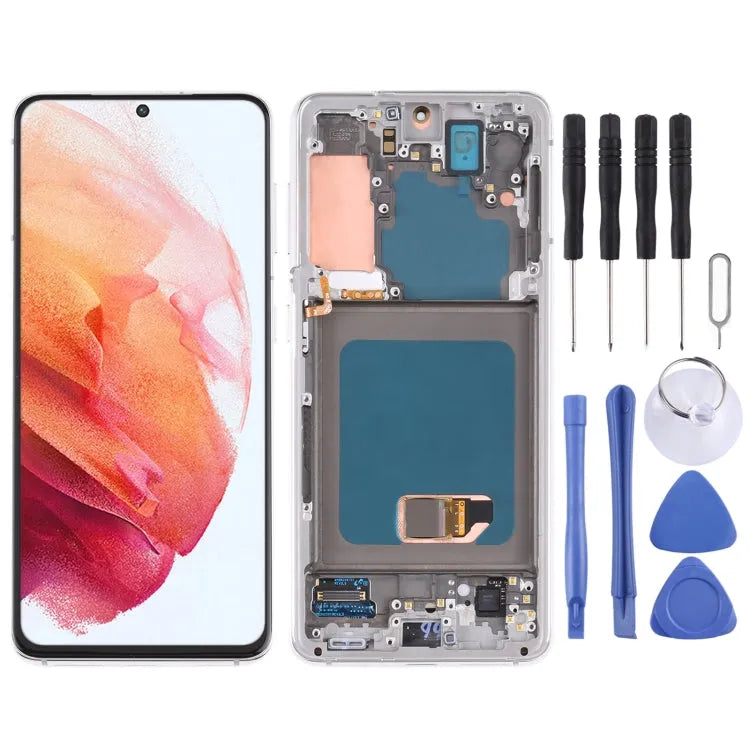 Originele Super AMOLED Lcd-scherm Voor Samsung Galaxy S21 4G/S21 5G SM-G990 SM-G991 Digitizer Volledige Montage met Frame (Zilver)