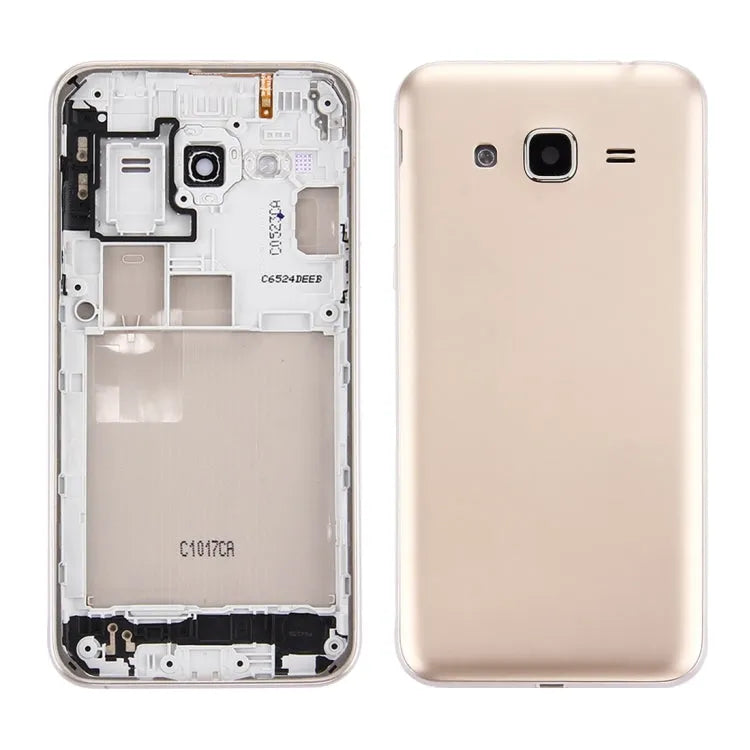 Voor Galaxy J3 (2016) / J320 (versie met dubbele kaart) Batterij achterklep + middelste framerand (goud)