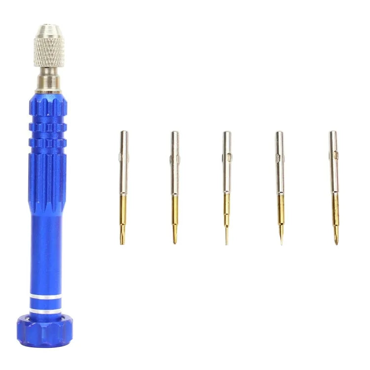 JF-6688 5-in-1 metalen multifunctionele penstijl schroevendraaierset voor telefoonreparatie (blauw)
