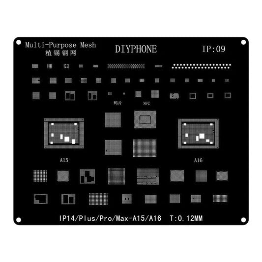 Precisie lasergesneden nauwkeurige positionering anti-shift BGA reballing stencil, model: voor iPhone 14-14 Pro Max