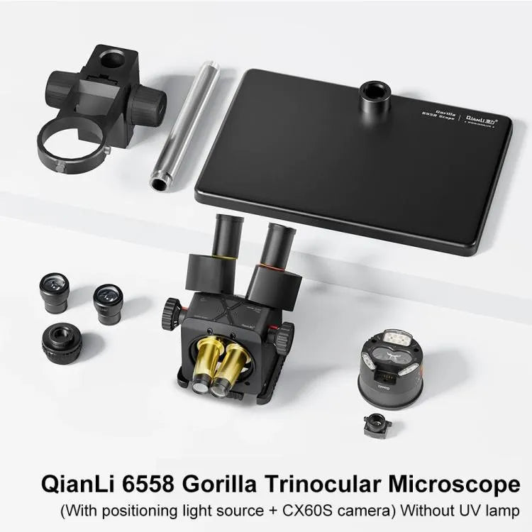 QianLi 6558 6,5X-58X Gorilla Trinocular Microscoop met Lichtbron + CX60S Camera, Stekker: US-stekker
