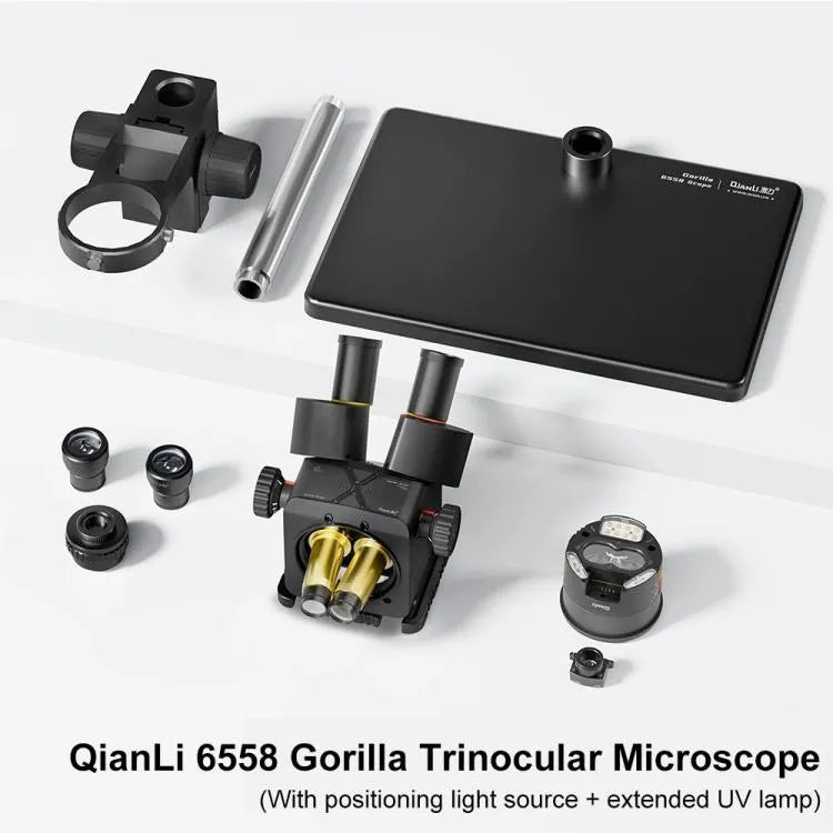QianLi 6558 6,5X-58X Gorilla Trinocular Microscoop met Lichtbron + UV-lamp, Stekker: US-stekker
